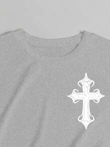 SHEIN Plus Size Cross Print Round Neck T-Shirt Graphic Tees Women Tops
