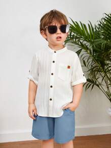 SHEIN Conjunto De Camisa Y Pantalón Corto De Manga Enrollada Cómodo, Transpirable Y De Color Sólido Estilo Casual Universitario Para Jóvenes - Azul - Ver 5