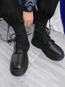 Men's Black Concise Front Lace Up Sock Boots - Black - View 4