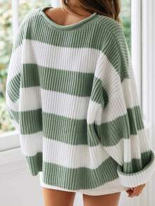 Women's Drop Shoulder Long Sleeve Round Neck Striped Sweater - Green - View 2