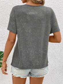 SHEIN LUNE Women's Striped And Star Gesture Printed Drop Shoulder Oversize T-Shirt - Grey - View 2