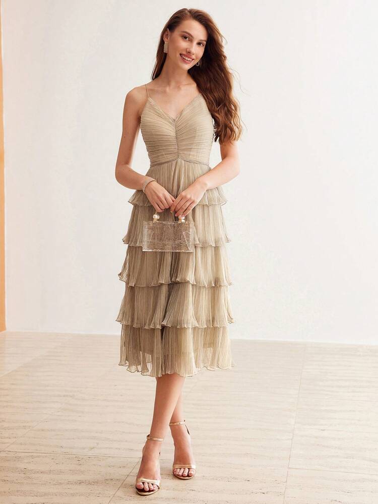 ELEGANT FASHION PLEATED TEXTURE GLITTER MIDI DRESS FOR WOMEN