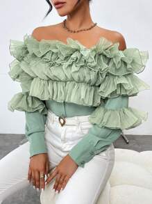 SHEIN Privé Off-Shoulder Tiered Ruffle Trimmed Blouse - Dark Green - View 5