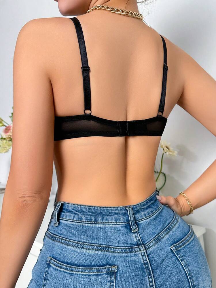Elegant Black Fabric Contrast Lace Bra For Women