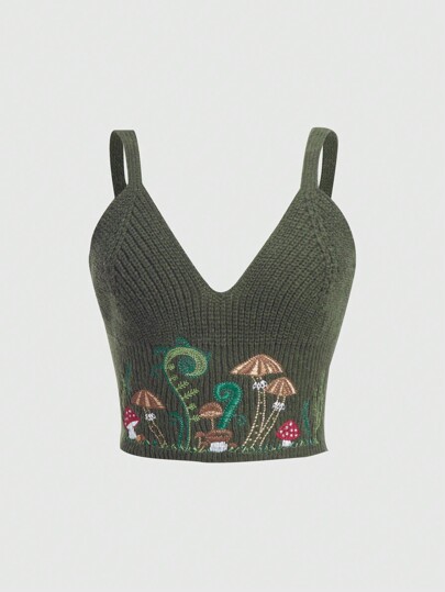 Fairycore Top tejido de tirantes con patrón de seta