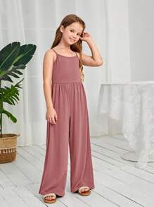 SHEIN Tween Girl Knit Solid Color Casual Jumpsuit With Spaghetti Straps - Pink - View 4