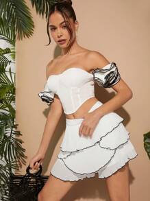 Hauture Off Shoulder Rosette Crop Bustier Top - White - View 5