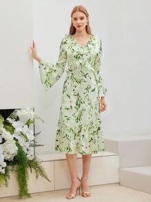 MOTF PREMIUM ALLOVER FLORAL PRINT BELL SLEEVE RUFFLE TRIM DRESS - Multicolor - View 5