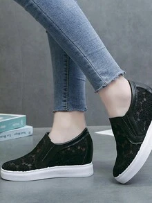 女士楔形高跟厚底運動鞋,鞋帶透氣休閒鞋,隱形增高運動鞋 - 黑色 - 查看 6