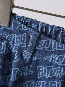 青少年男孩美式復古街頭休閒寬鬆牛仔短褲,全印花款式