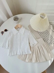 SHEIN Tween Girl Woven Solid Color Pleated Short Casual Shirt