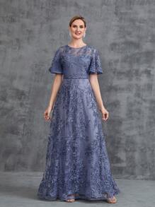 女式短款喇叭袖亮片派对礼服优雅新娘母亲礼服