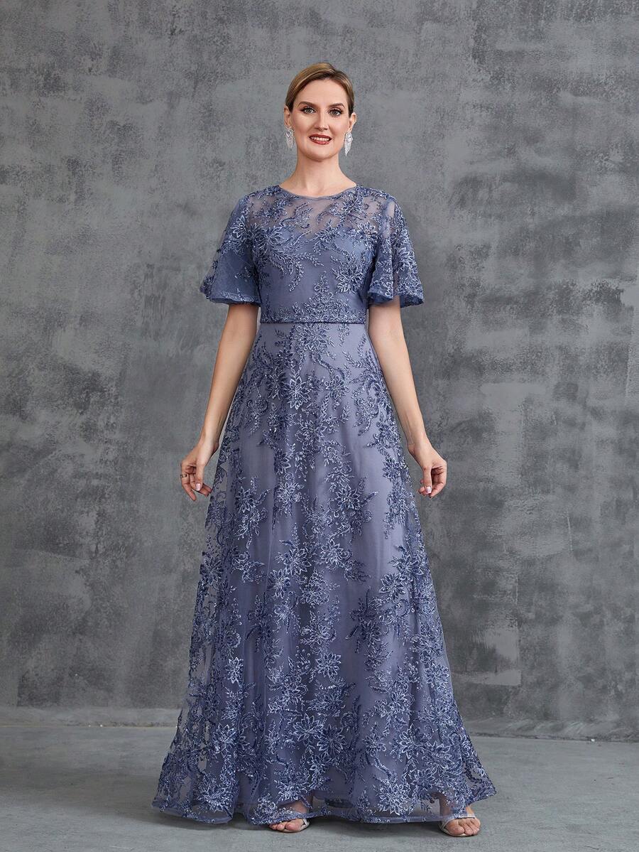 女式短款喇叭袖亮片派对礼服优雅新娘母亲礼服