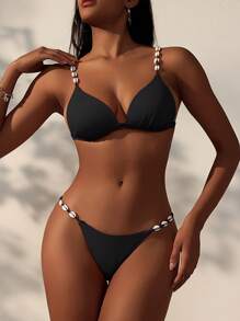 SHEIN Swim 貝殼肩帶女士比基尼套裝，丁字褲比基尼泳裝海灘裝適用於夏日度假 - 黑色 - 查看 1