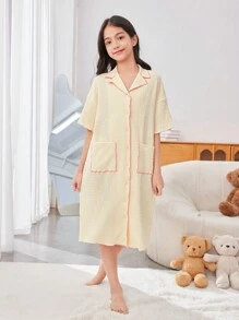 SHEIN Tween Girl Loose Cute Collared Short Sleeve Nightdress With Pocket - Apricot - View 3