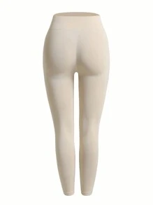 SHEIN Sports 純色高腰運動打底褲 - 米色 - 查看 4