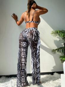 SHEIN Slayr 女式2025度假蛇皮印花性感比基尼套装（含罩衫和裤子，带钢圈）夏季 - 黑與白 - 查看 2