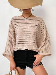 Breezaya Women's Asymmetric Neckline Hollow Out Knit Sweater - Khaki - View 4