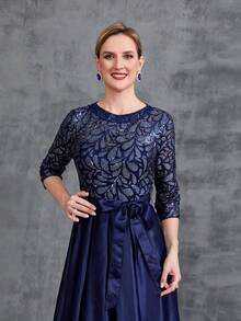 Women Embroidered Bodice Contrast Satin Hem Formal Dress Elegant Mother Of The Bride Dress - Navy Blue - View 5