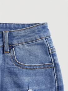 SHEIN Quần short denim rách phong cách boho cho bé gái tuổi teen, thích hợp mặc mùa xuân và hè. - Rửa nhẹ - Xem 3