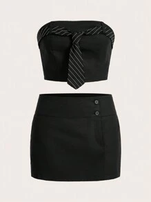 SHEIN ICON 無肩帶條紋短上衣&裙子套裝 - 黑色 - 查看 2