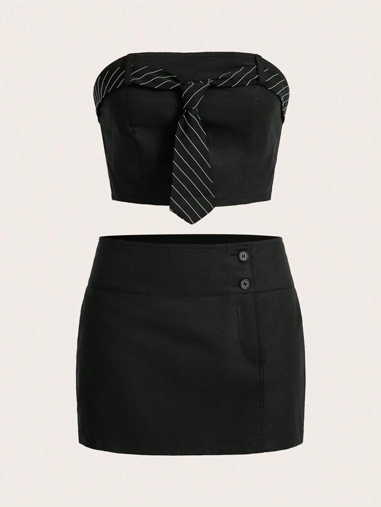 Strapless Striped Crop Top & Skirt Set