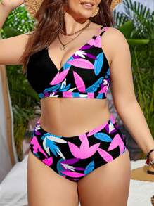 SHEIN Swim Curve Summer Beach Plus Size Plant Printed Cut-Out Asymmetrical Shoulder Strap Bra & Bikini Set Bottom Bikini Set - Coral Pink - View 4