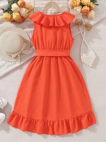 Vestido De Niña Preadolescente Con Dobladillo Con Volantes Envuelto En Color Sólido - Naranja - Ver 2