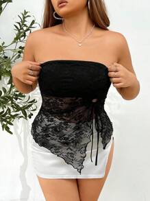 SHEIN ICON Plus Size Lace Asymmetrical Hem Bandeau Top, For Summer - Black - View 2