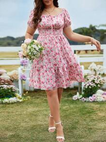 Flirla 大尺碼女士數字印花短袖褶皺花卉洋裝