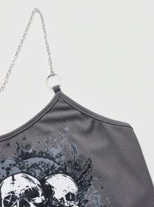 ROMWE Grunge Punk Skull Print Chain Cami Top - Grey - View 3