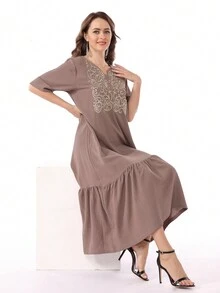 斋月刺绣 V 领宽松拼接褶皱中东女士优雅连衣裙 Jalabia，春夏传统 - 藕粉色 - 查看 7