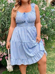 Flirla Plus Size Women's Plaid Sleeveless Dress With Front Tie - Blue - View 4
