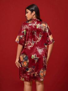 SHEIN Clasi Plus Size Women's Traditional Chinese Style Cheongsam Dress With Koi Fish Print - Red - View 2