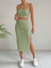 SHEIN EZwear Women's Texture Fabric Crop Top & High Slit A-Line Skirt Set With Spaghetti Straps - Army Green - View 1