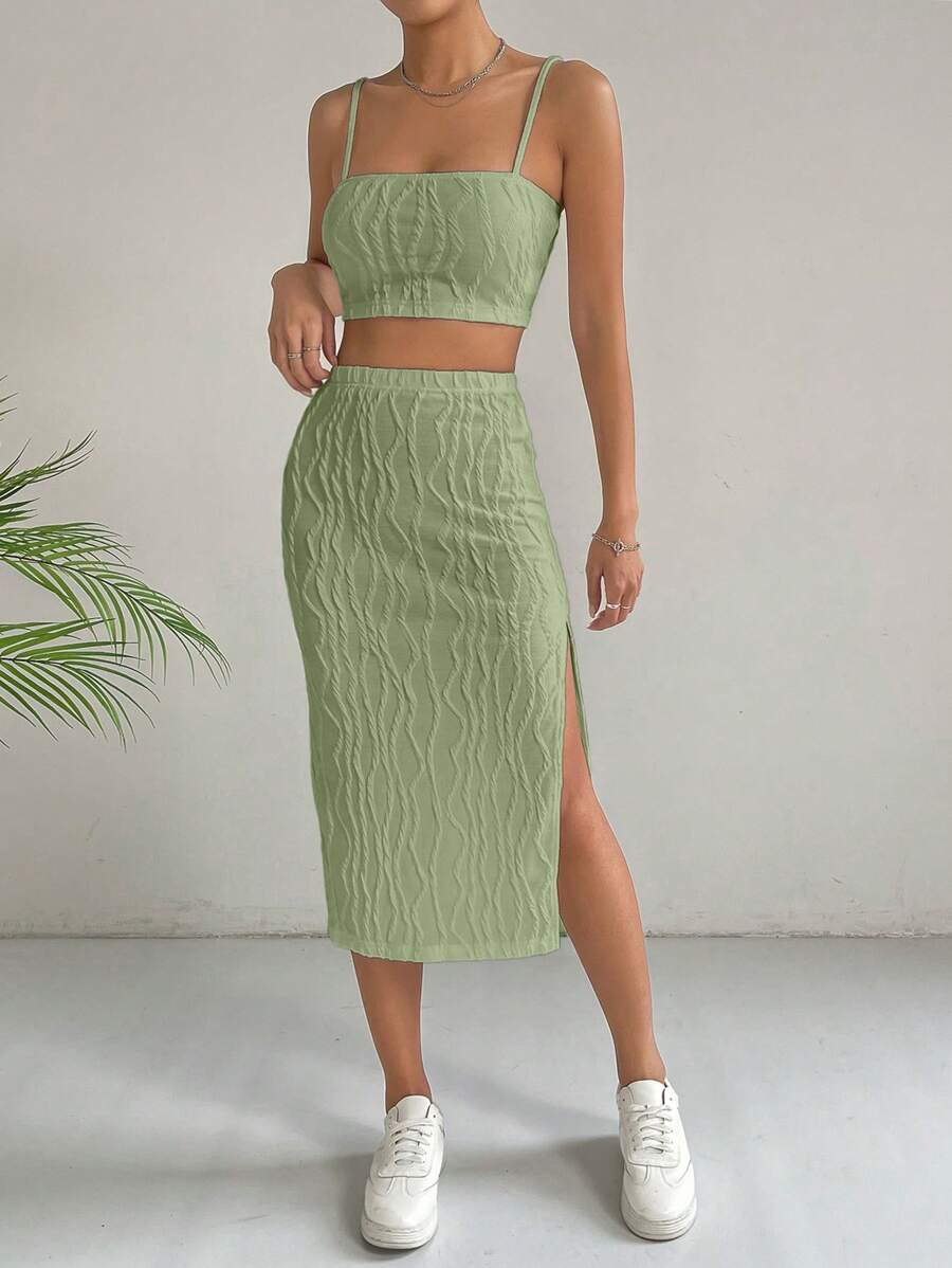 SHEIN EZwear Women's Texture Fabric Crop Top & High Slit A-Line Skirt Set With Spaghetti Straps - Army Green - View 1