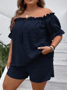 SHEIN VCAY 大码波西米亚风露肩荷叶边上衣和短裤夏季两件套 - 藏蓝色 - 查看 5