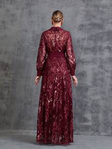 女式衬衫领刺绣亮片束带连衣裙