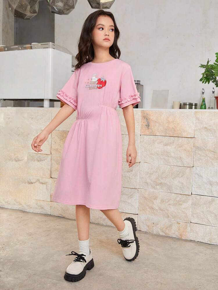 Tween Girls' Loose Casual Cartoon Pattern Dress With Asymmetrical Hem, Flounce Neckline, And Gathered Waist