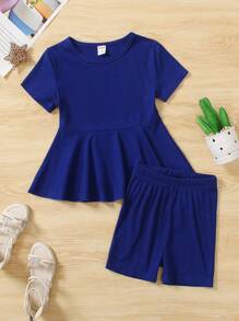 SHEIN Set indumenti ragazza giovane completo di top a manica corta con scollo a giro, tinta unita, con bordo arricciato e pantaloncini corti abbinati - Blu - Visualizzare 1