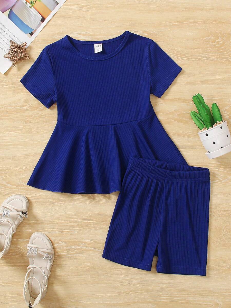 SHEIN Set indumenti ragazza giovane completo di top a manica corta con scollo a giro, tinta unita, con bordo arricciato e pantaloncini corti abbinati - Blu - Visualizzare 1