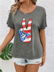SHEIN LUNE Women's Striped And Star Gesture Printed Drop Shoulder Oversize T-Shirt - Grey - View 3
