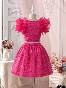 SHEIN Conjunto De Blusa Y Falda Para Niña Joven De Color Sólido Con Ribete De Jacquard Y Volantes