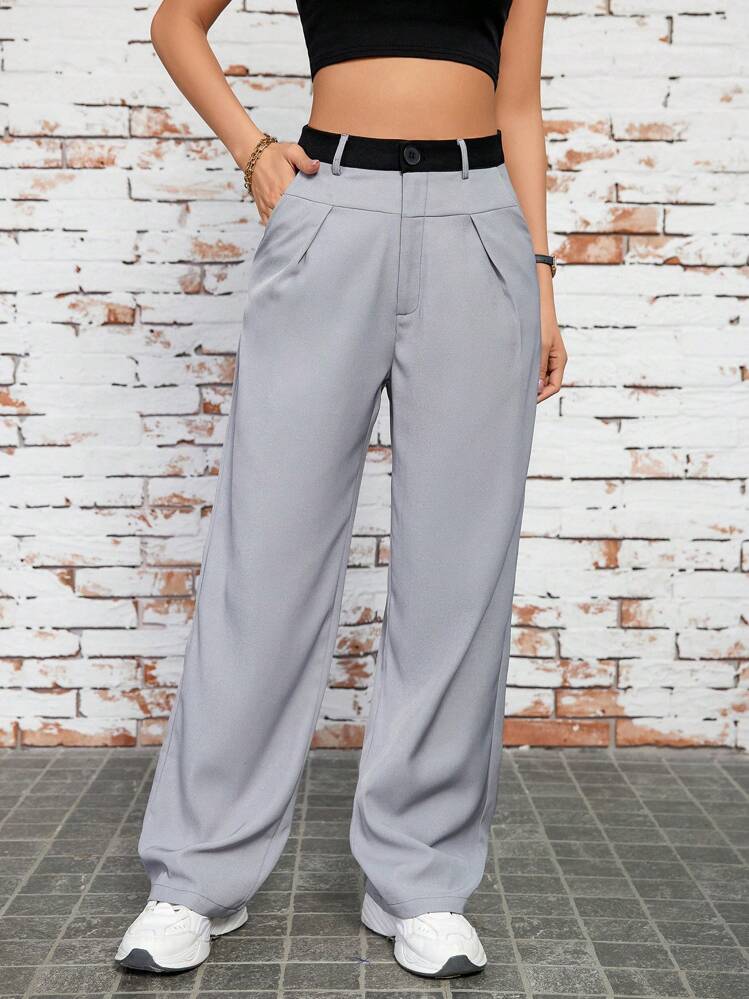 GENKIRA Women's Pleated Color Block Long Pants | SHEIN USA