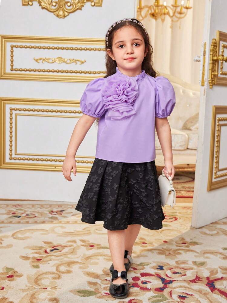 Young Girl Cute, Comfortable 3d Flower Puff Sleeve Shirt With Small Stand Collar