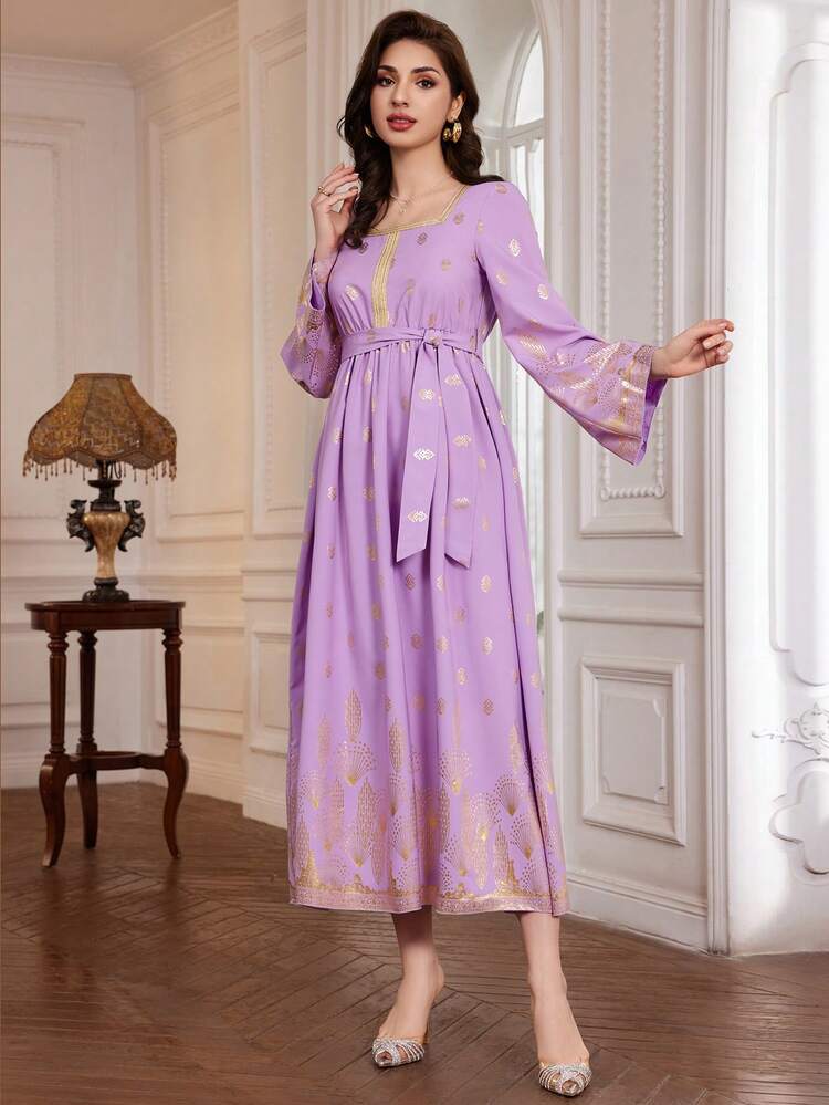 Gold Stamping Printing Square Neckline Cinching Waist Bell Sleeve Dress Fall Cloth For Women