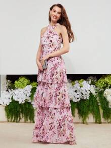 MOTF PREMIUM 花卉印花分層褶皺擺設深v交叉腰頸裙子 - 彩色 - 查看 7