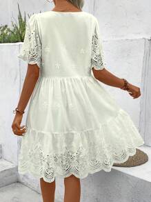 Breezaya Women's Burnout Flower Embroidery Ruffle Hem Doll Dress Vacation Beach Outfit