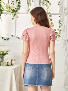 SHEIN Leap Crew 少女編織提花紋理雙層荷葉邊短袖休閒t恤 - 粉色 - 查看 2
