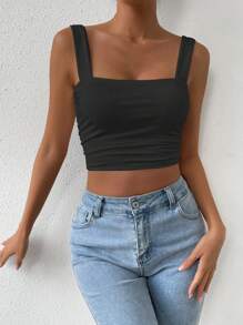 Calvaya Solid Color Square Neck Slim Fit Pleated Tank Top